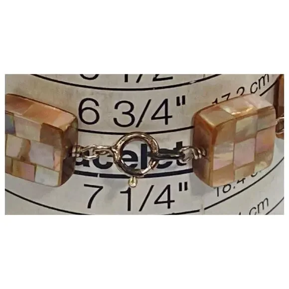 Vintage 925 Sterling Silver Mother of Pearl Mosaic Chunky Bracelet, 7 L